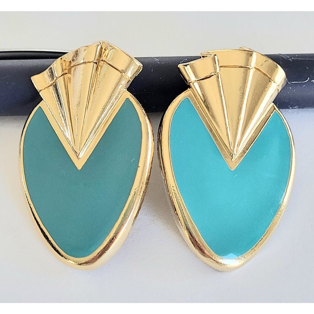 AVON 1980's ART DECO Turquoise  Enamel 1.5" Gold Tone Clip-On Earrings Vintage